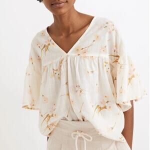 Madewell Flutter Sleeve Rhyme Top Floral Cream Cotton V Neck Lightweight Small
